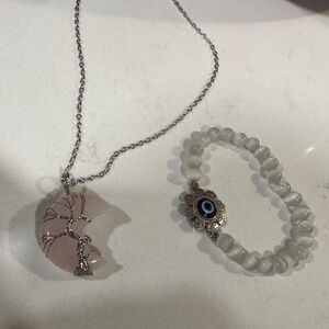 Rose Quartz Crescent Moon Necklace + Selenite Evil Eye Bracelet Crystal Set Love